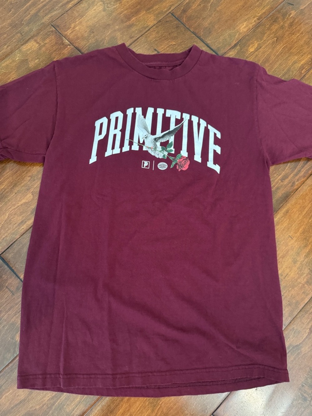 Primitive Maroon Short Sleeve Tee with Bird & Rose Graphic